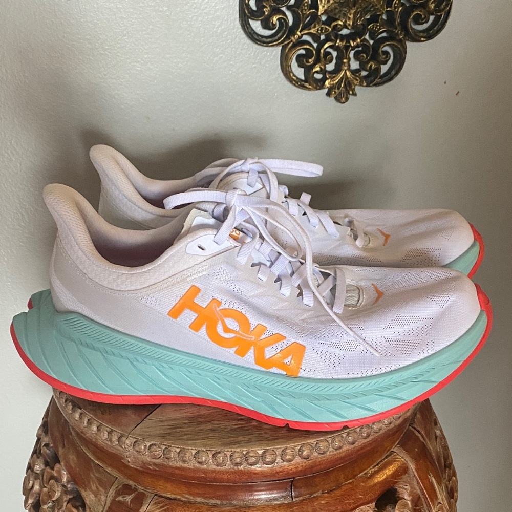 Hoka Women's White Mint Coral Athletic Running Shoes